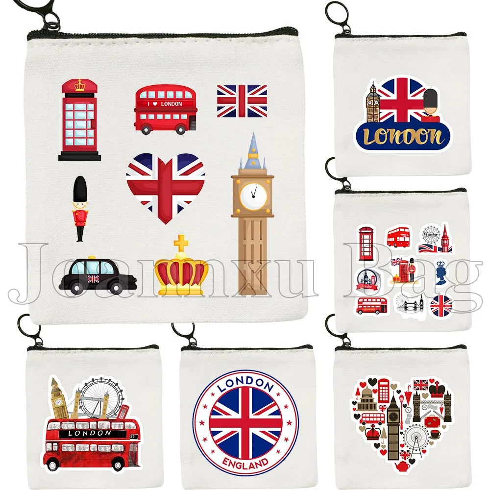 

London Skyline Landmarks Bus Taxi Telephone Box Guard St Pauls and Big Ben UK Canvas Coin Purse Key Case Small Bag Wallet Pouch