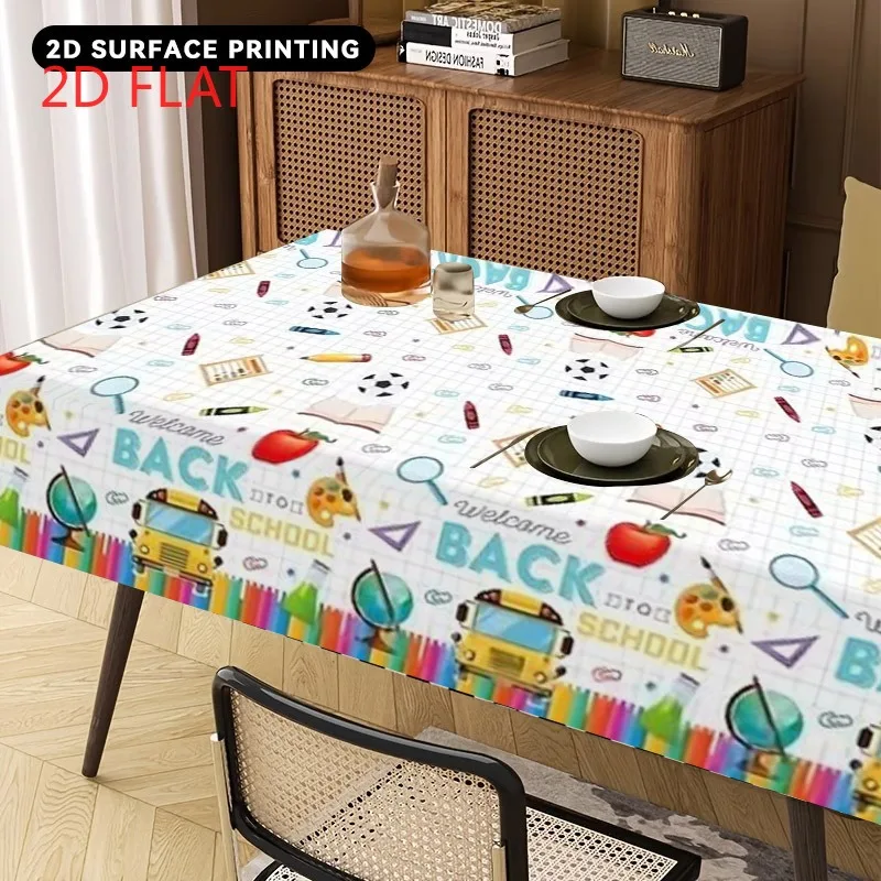A tablecloth featuring school supplies motifs for back-to-school, creating a lively campus atmosphere.