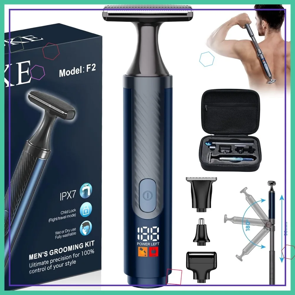 

Ultra-Wide 2" T-Shaped Back Shaver for Men, 4-in-1 Rechargeable with LED, Long Handle, Safety Lock, IPX7, Travel Case