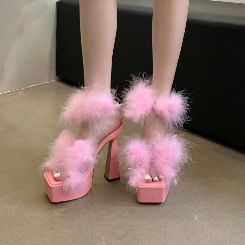 

15cm Heeled Sandals Pink Fur Platform Shoes White Square Toe High Heels Summer Size 35 Women Shoes Sandals Chaussures Femme