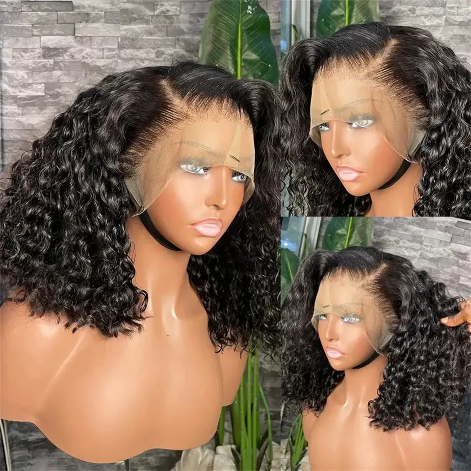 Perucas de Cabelo Humano Cacheado Ondulado de 16 Polegadas, Perucas Frontais de Renda Transparente 13x4, Perucas Bob Curtas de Cabelo Humano Brasileiro com Ondas Profundas, Perucas de Cabelo Humano com Fechamento de Renda 4x4 para Mulheres
