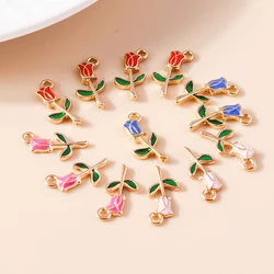 10pcs 9*18mm Romantic Enamel Mini Rose Flower Charms for Necklaces Pendants Earrings Charms DIY Jewelry Making Handmade Findings