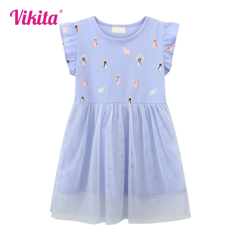 

VIKITA 2025 New Summer Girls Blue Flare Sleeve Dress Kids Licorne Cartoon Print Mesh Tulle Party Travel School Daily Vestidos