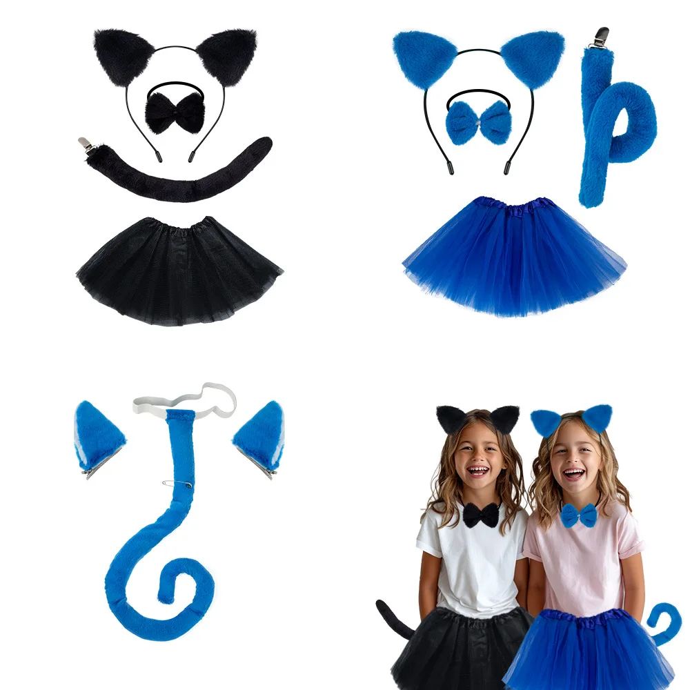 Women Girls Cat Ears Headband with Tail Skirt Set Furry Blue Black Halloween Cosplay Dress Up Costume Face Art Decor