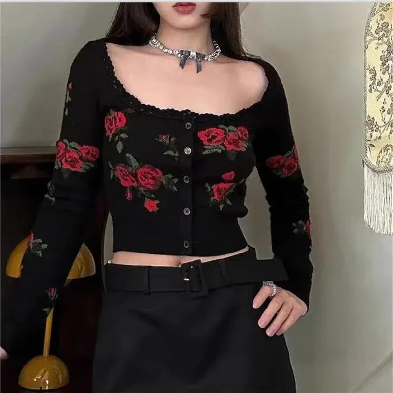 Maillard Jacquard Knitted Cropped Cardigan Women\'s Autumn New French Vintage Lace Rose Flower Square Collar Sweater Short Coat