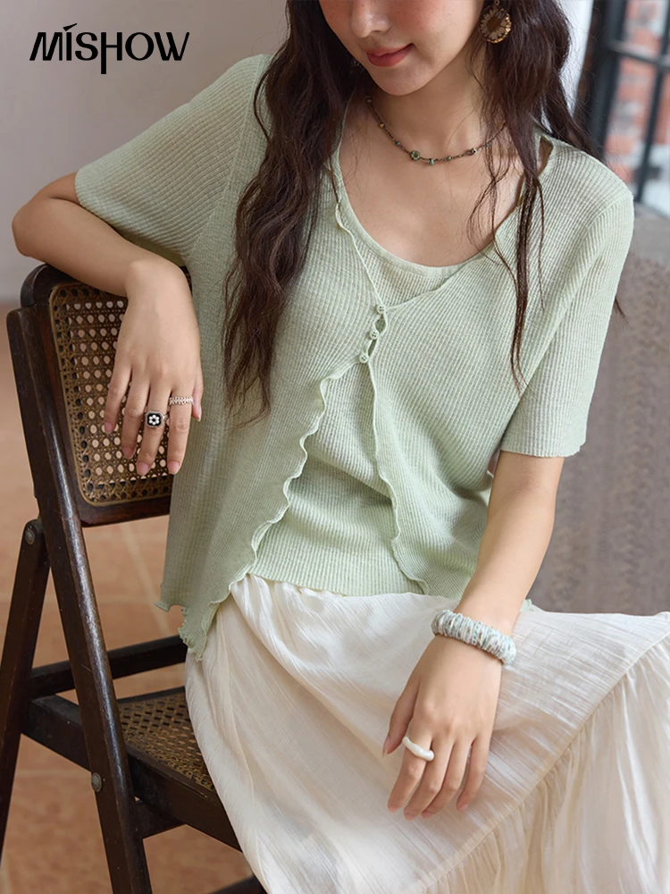 MISHOWผู้หญิงสีเขียวมิ้นท์ปลอม 2 ชิ้นแขนสั้นถักเสื้อสเวตเตอร์ถัก 2025 ฤดูร้อนสีทึบหลวมสบายMXE36Z1286