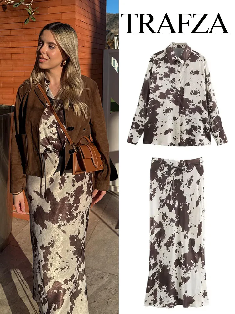 

TRAFZA Women Spring Skirts Suit Single-breasted Turn-down Collar Printed Shirt+Fashion High Waist Satin Texture Belt Midi Skirt
