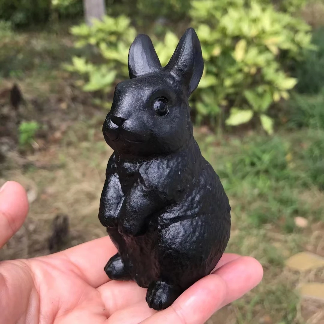 

100mm 1pc Natural Obsidian Rabbit Figurine Crystals Carved Statue Animal Home Ornament Art Collectible Gift decoration