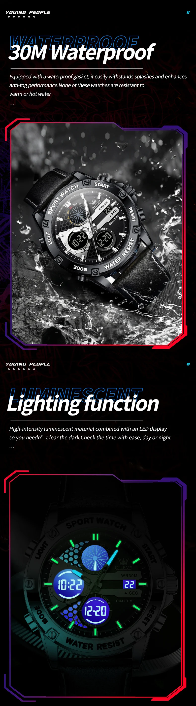 OLEVS 1110 Original Quarzuhr für Herren Multifunktionale Persönliche Digitaluhr Modische Lederarmband Sportuhr – Detail 4