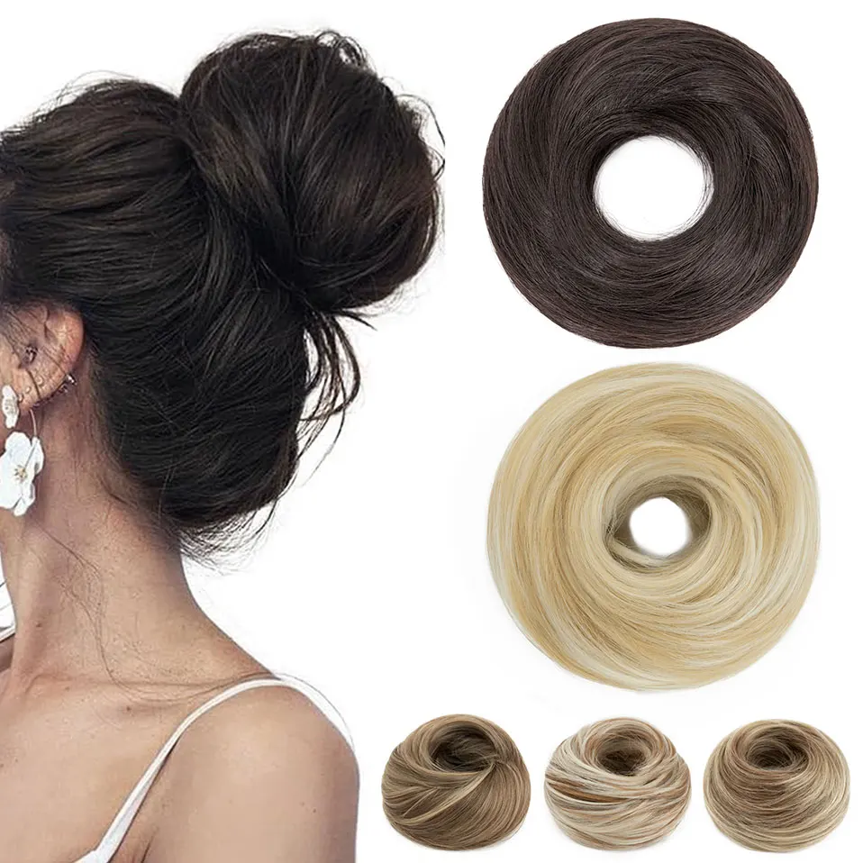 Snoilite Synthetic Chignon Elastic Rubber Band Fake Hair Bun Clip in on Hair Tail Extension Updo Hair Piece Ponytail For Women