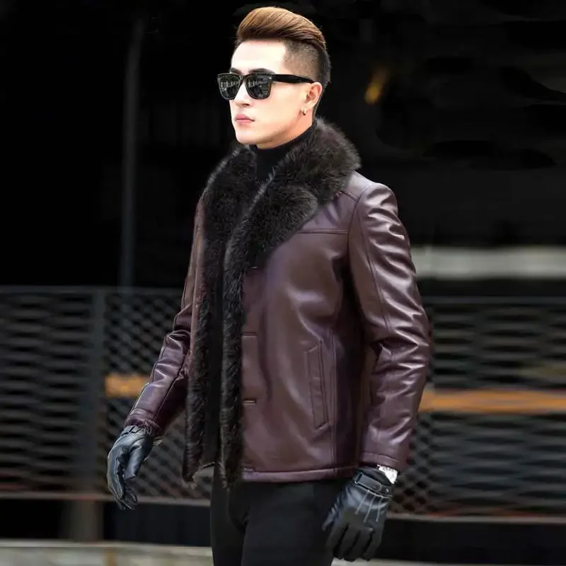 Male Raccoon Fur Collar Long Fur One Leather Men\'s Jacket Large Fur Warm Plus Size 4XL 5XL Winter Real Sheep Leather Coat MZ3267