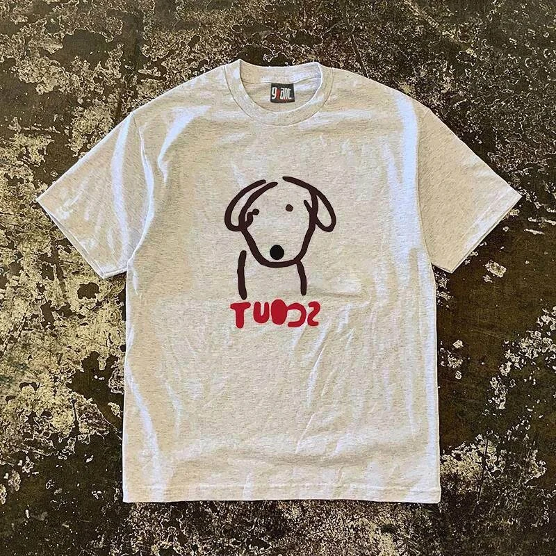 Pure Cotton 3A260g Double Thread Loose Fit Short Sleeve T-Shirt Unisex Breathable Comfortable American Retro Style Dog Print
