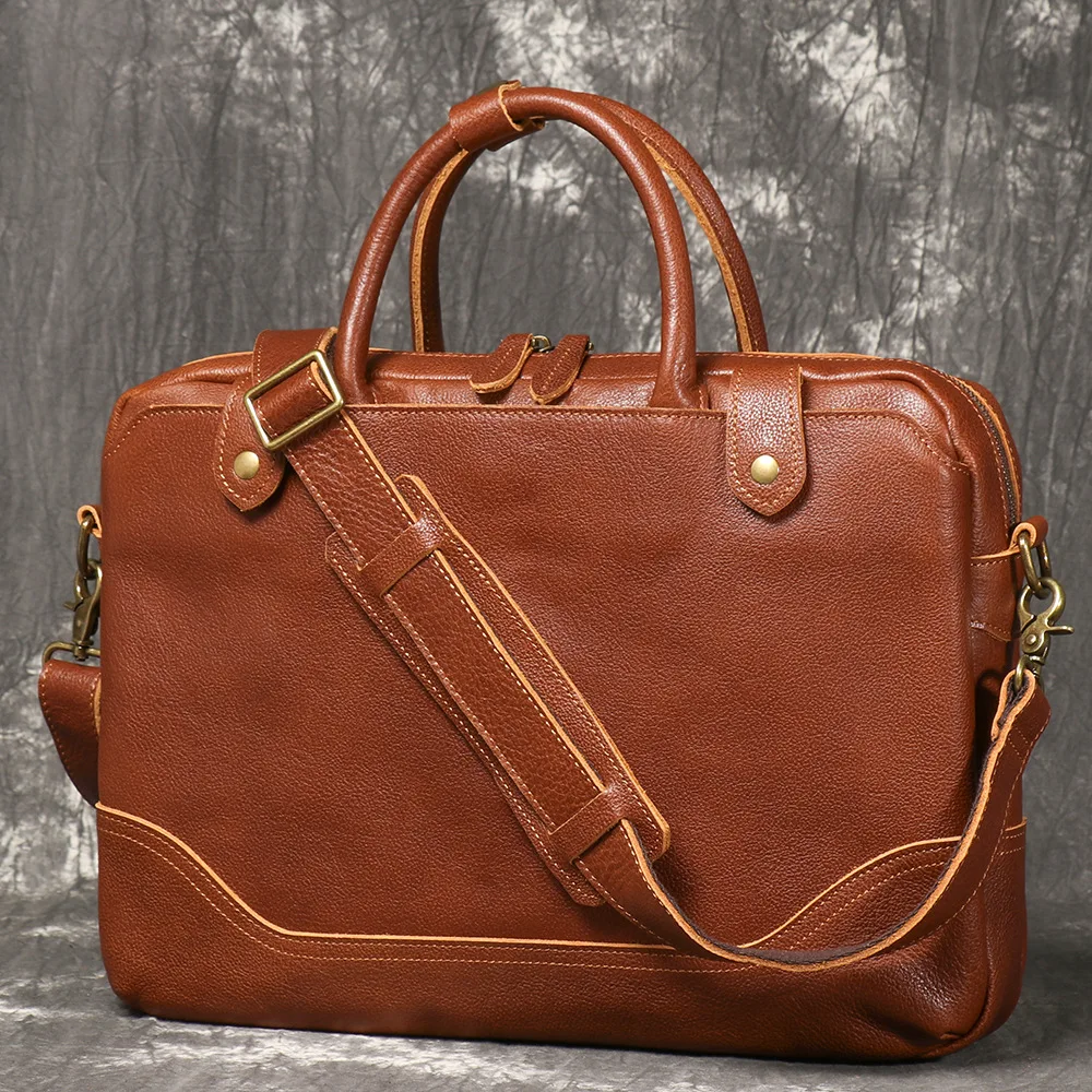 حقيبة كلاسيكية للرجال من الجلد المدبوغ بالخضراوات، حقيبة كمبيوتر محمول ذات سعة كبيرة للأعمال والتنقل #2