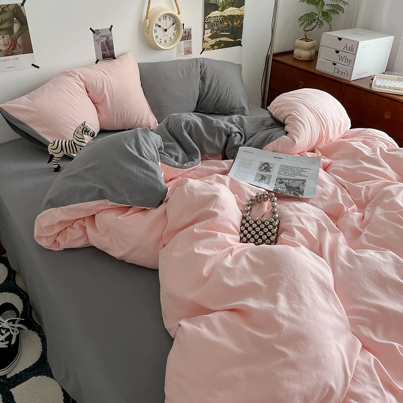 Simple Pink Grey Duvet Cover Fashion Solid Color Bedding Set 3pcs Polyester Comforter Cover Bedroom Quilt Cover 2 Pillowcases