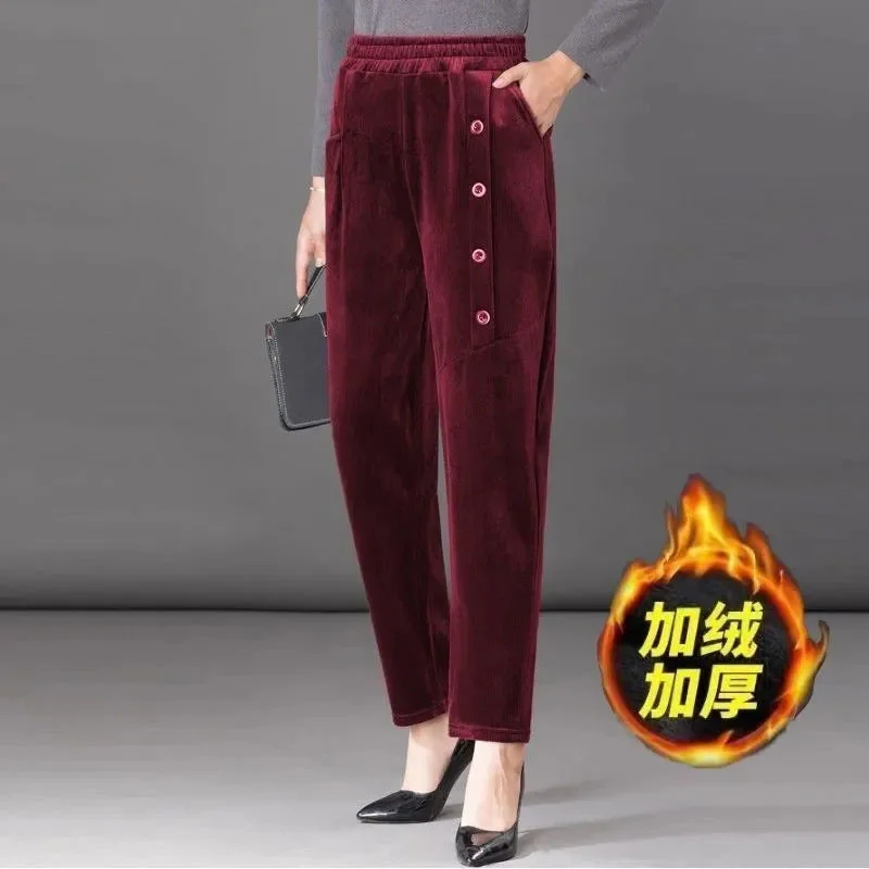 

Corduroy Harem Pants Women Autumn Winter Thickened Velvet Long Pants High Waist Loose Plus Size Mother Button Casual Trousers