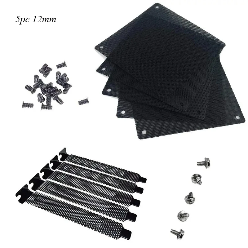 5PCS 12mm PVC PC Cooler Fan Filter Black Dustproof Mesh Case Cover + 5PCS PCI Slot Dust Filter Blanking Plate for Computer Case