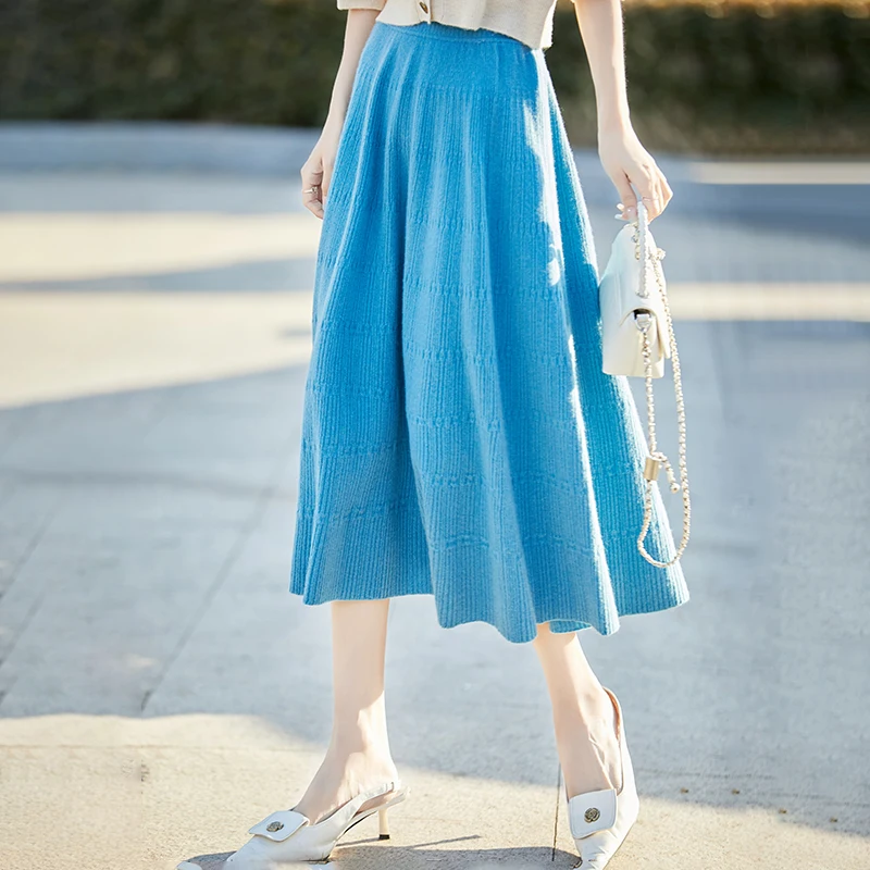 

Осенне-зимняя юбка из 100% чистой шерсти с высокой талией, женская тонкая длинная трикотажная шерстяная юбка, свободная юбка трапециевидной формы