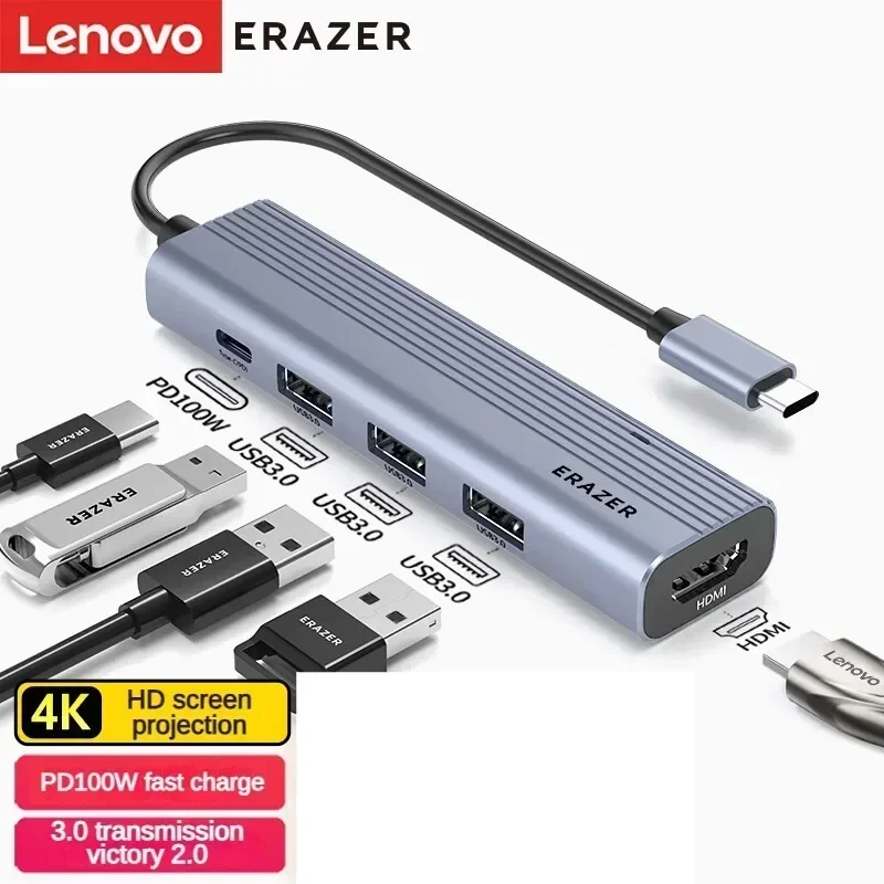 Lenovo Power Type-C Expansion Dock 3.0 Spliter USB-C Adapter HDMI Cable for XiaoXin Apple Huawei Laptop 5 in 1 with A Port