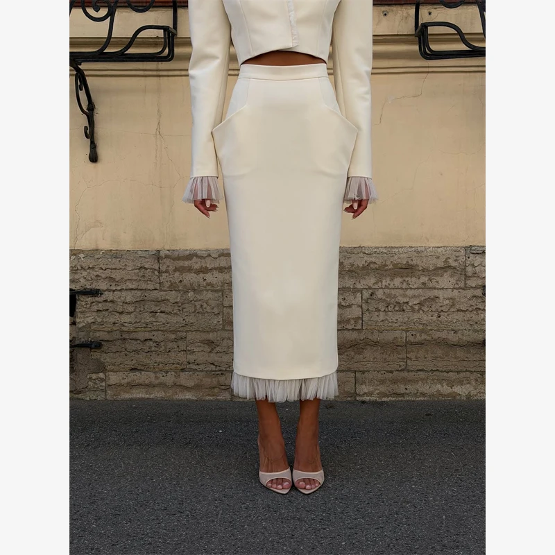 Women White Tulle Patchwork Skirt Set Solid V-neck Long Sleeve Cropped Top Slim Maxi Skirts Suit Lady 2026 Commuter Outfits