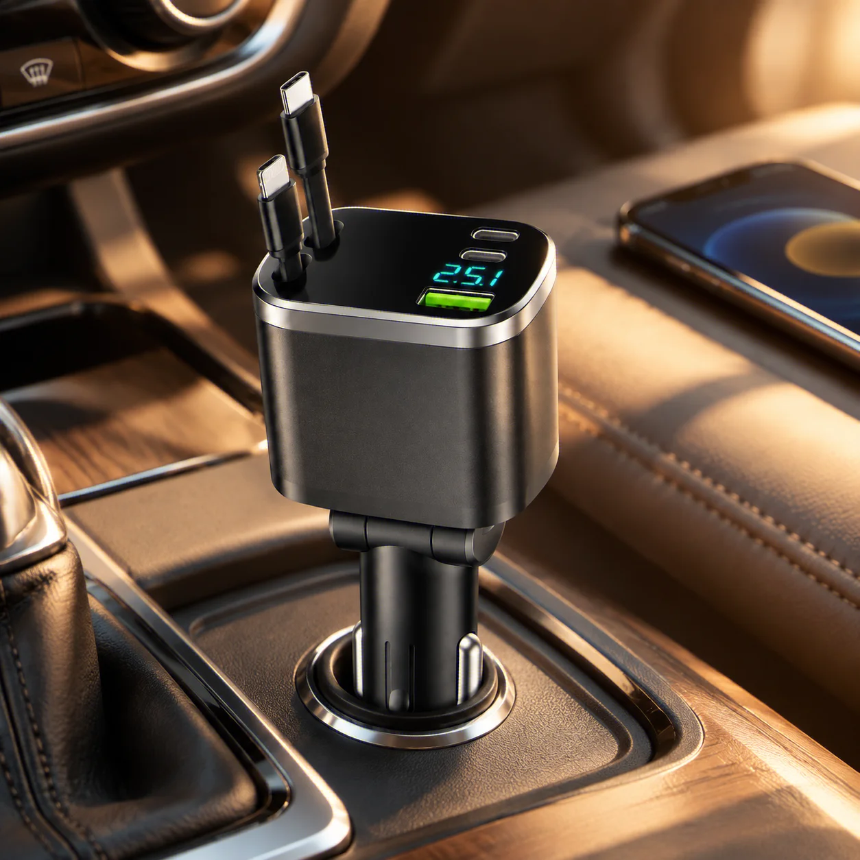 Five in One Car Charger with Retractable Cable Flash Charging USB Socket for Cigarette Lighter Socket