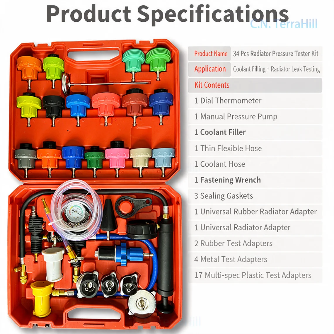 34Pcs Radiator Pressure Tester Kit Cooling System Leak Detector Pressure Gauge Manual Coolant Refill Tool