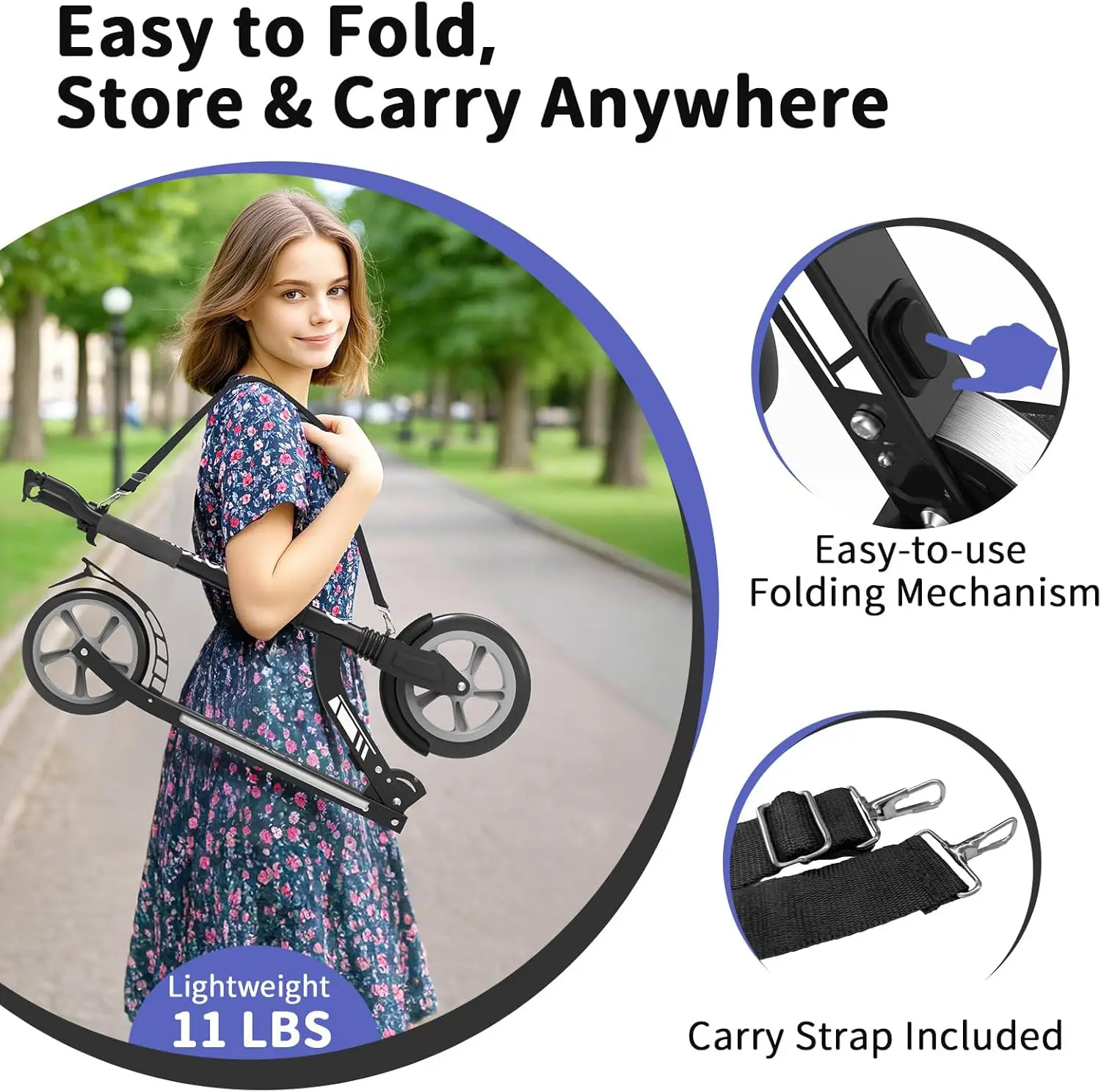 Hulajnogi V8 dla dzieci w wieku 6+ z podświetlaną deską, 2-kołowa hulajnoga składana dla dorosłych i nastolatków, 4 regulowane wysokości, lekka hulajnoga sportowa