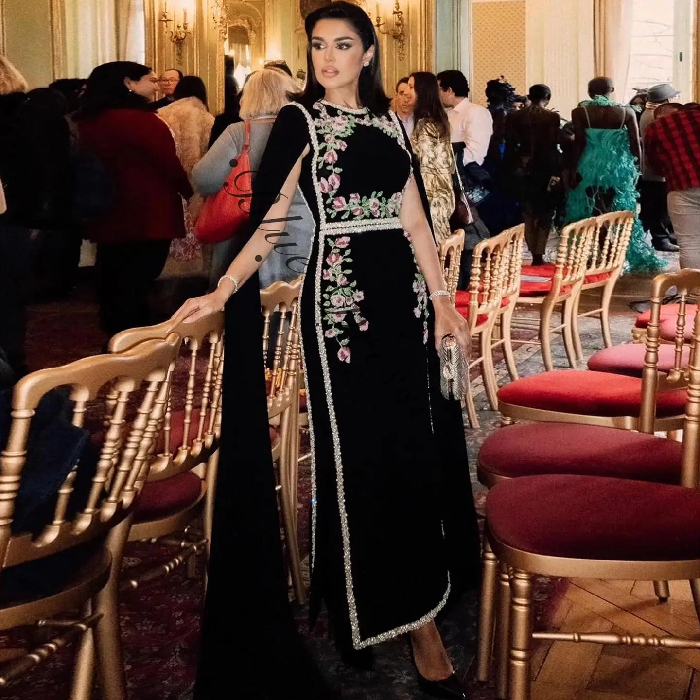 customized Said  Arabic Embroidered Beaded Black Evening Dress with Cape Sleeves Dubai Wedding Party Gowns