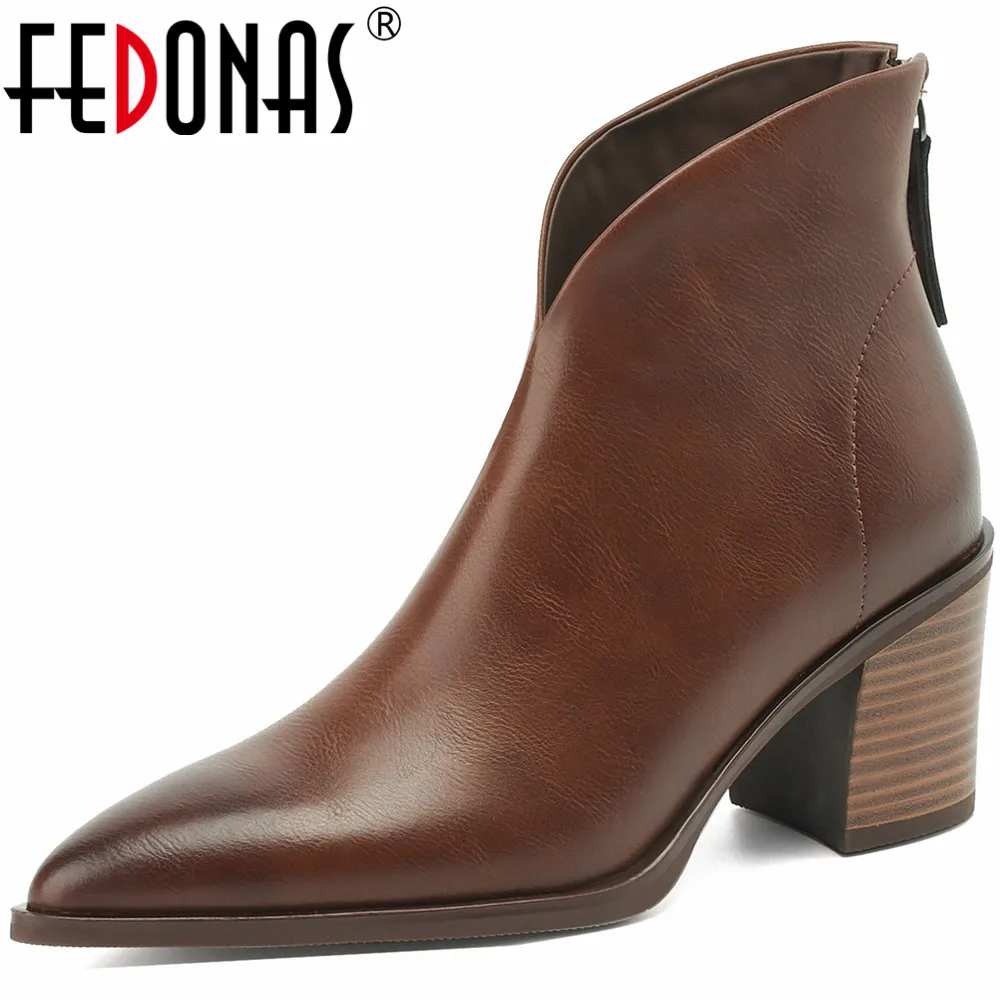 FEDONAS Basic Retro Women Ankle Boots Genuine Leather Autumn Winter Thick High Heels Pointed Toe Shoes Woman Office Lady Mature