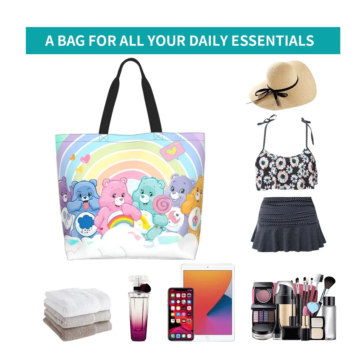 Care Bears Rainbow Bears Group Line Up Cartoon Shopping Tote Bag حقائب كتف من القماش للمتسوقين حقيبة يد للنساء