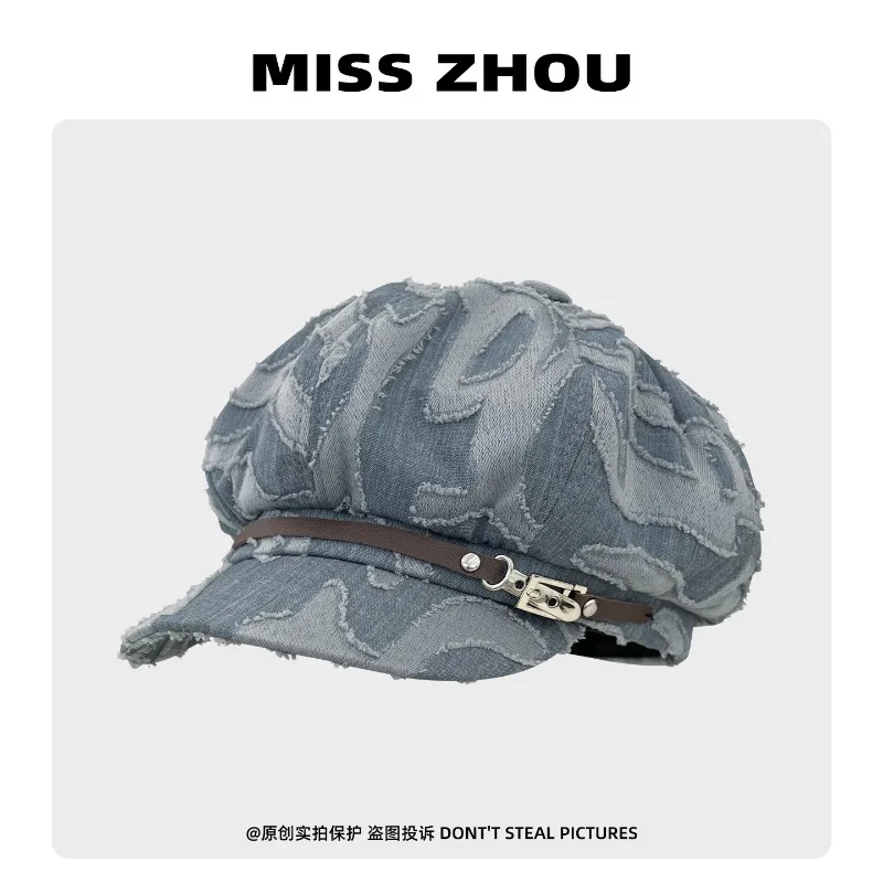 

Korean Washed Old Splicing Denim Octagonal Newsboy Cap Women's Autumn Casual Versatile Large Version Sunshade Fashion Berets