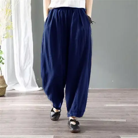 夏無地ランタンパンツ女性ルーズカジュアル大きいサイズお父さんワイドレッグキャロットヴィンテージハーランコットンリネンパンツ