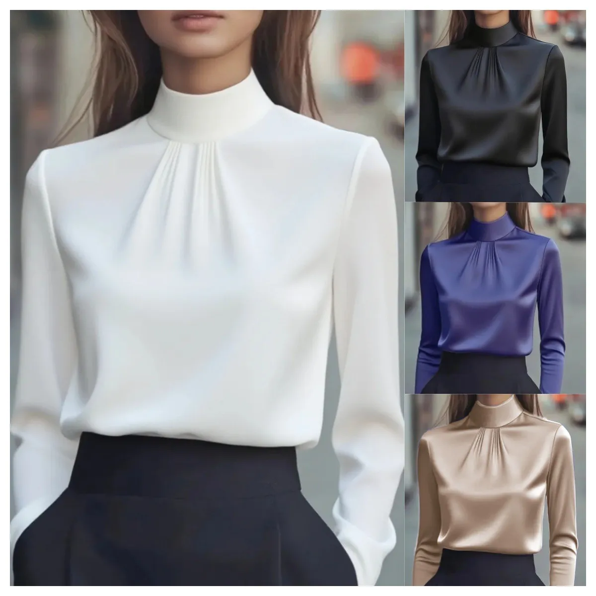 

Fall Women's Clothing Elegant Solid Long Sleeve Blouse With Stand Collar For Woman Polyester Button Up Casual Regular Fit Top
