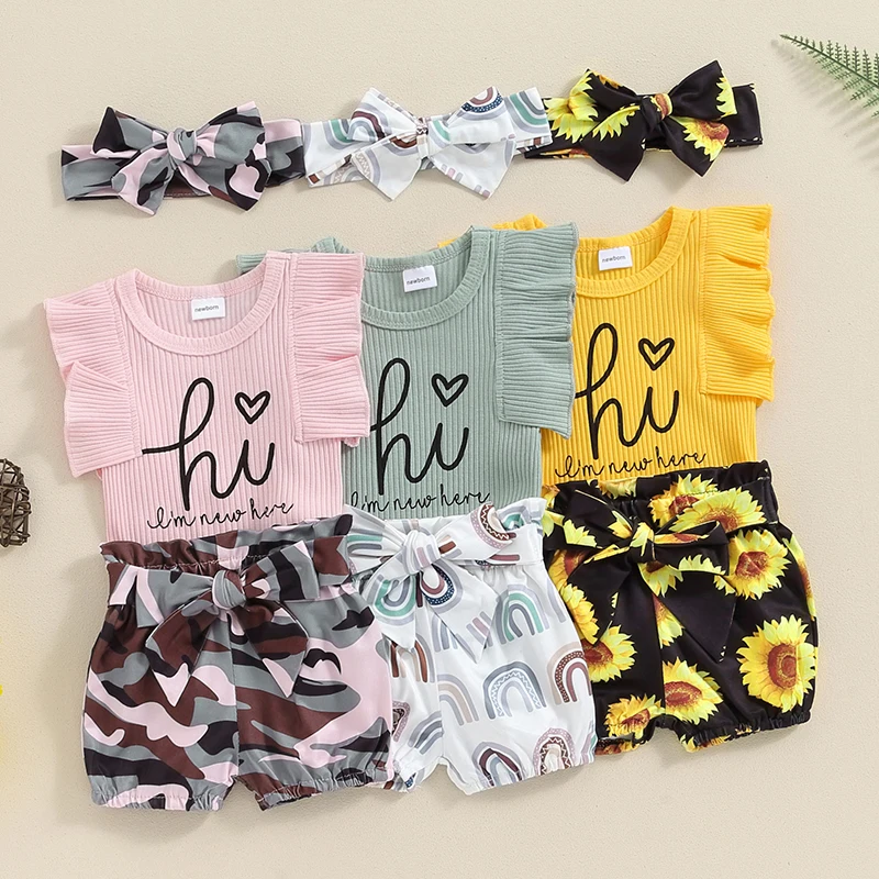 

2024-04-17 Lioraitiin Newborn Baby Girls Shorts Set, Fly Sleeve Romper with Waist Tie Shorts and Hairband Summer Outfit