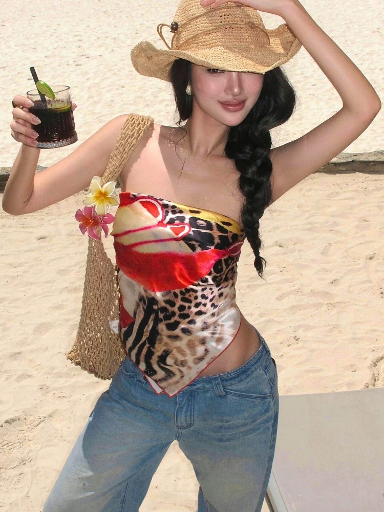 Vintage Leopard Print Cropped Strapless Vest Irregular Women Y2k Aesthetic Top Harajuku Grunge Sexy Backless Bandage Vest