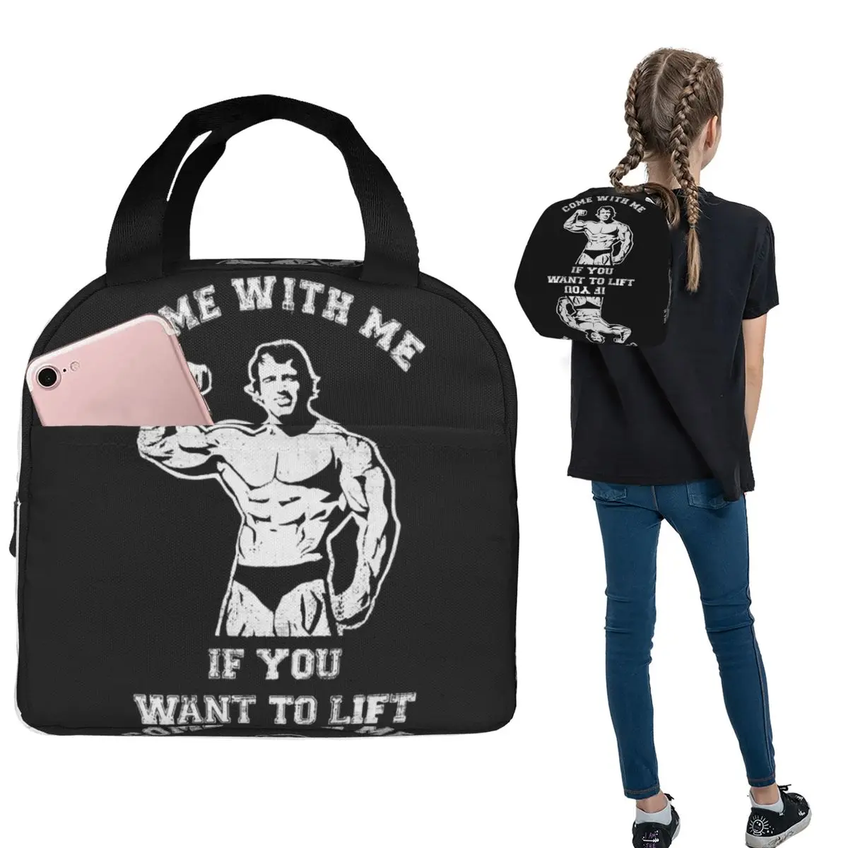 Arnold Come With Me Lift Powerhouse Gym Insulated Lunch Bag for Women Kids Portable Food Boxes Thermal Lunch Box Tote