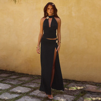 Women's Black Beach Skirt Sets Sexy High Split Slim Holiday Outfits Summer Fashion Halter Backless 2 Piece Set 2025 Beachwear