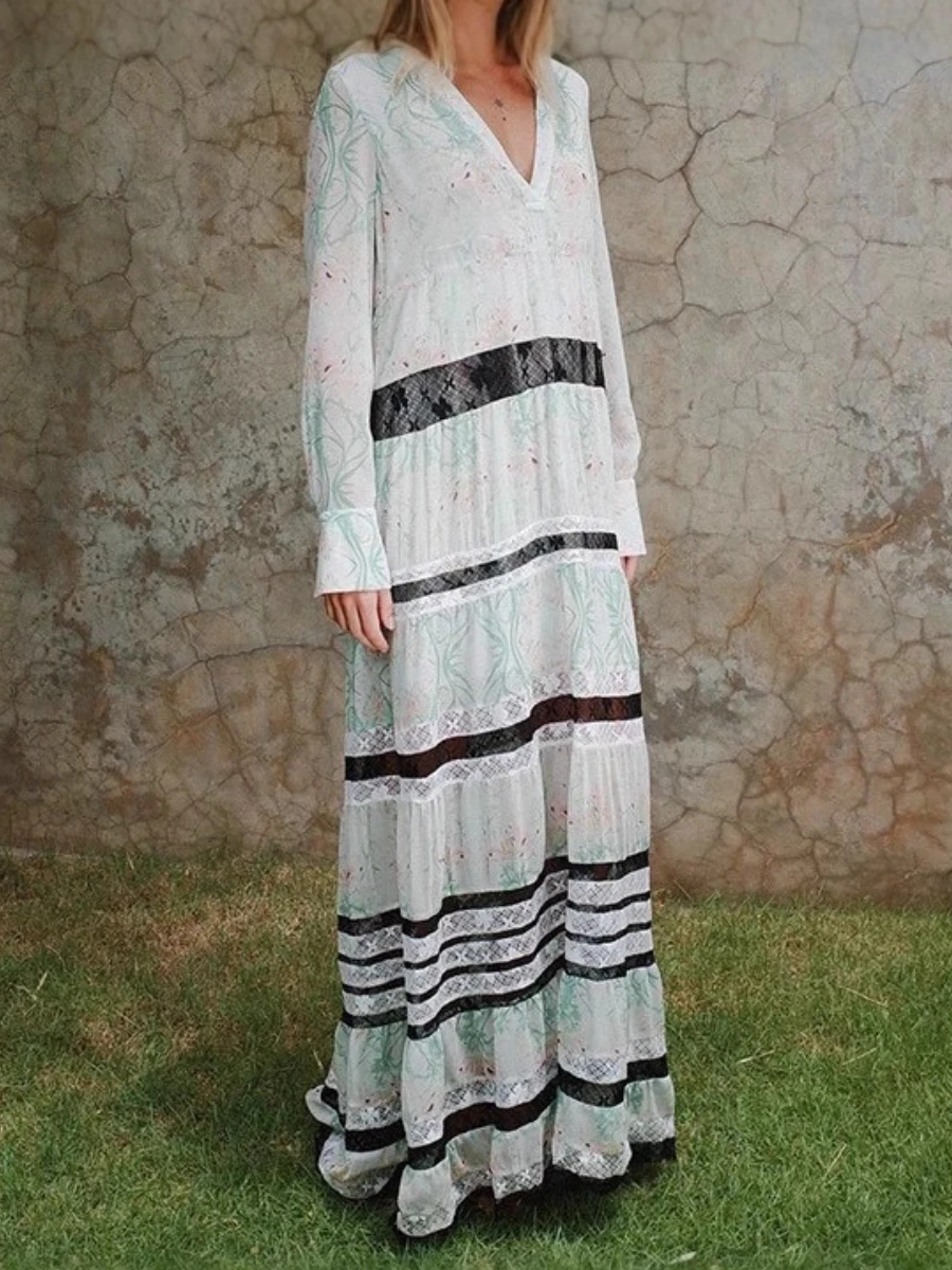 TWOTWINSTYLE Afdrukken Losse Sheer Spliced Lace Casual Jurken voor Vrouwen V-hals Lange Mouwen Mode Jurk Vrouwelijke Kleding Nieuwe