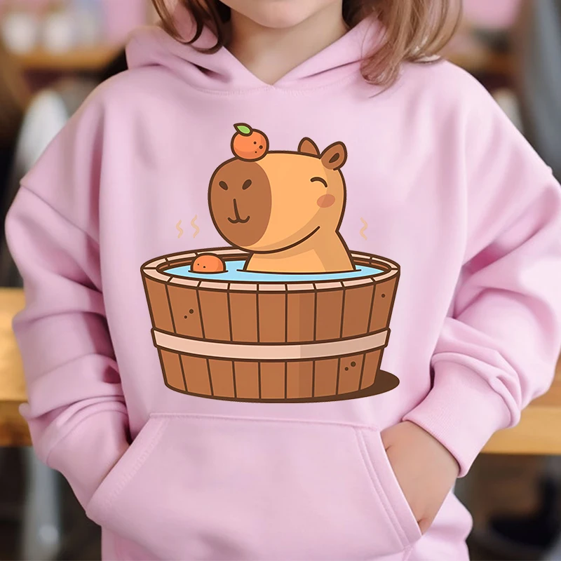 Schattige Capibara Houdt Van Bubble Tea Kids Hoodie Roze Plus Fluwelen Trui Herfst En Winter Tops Voor Meisjes