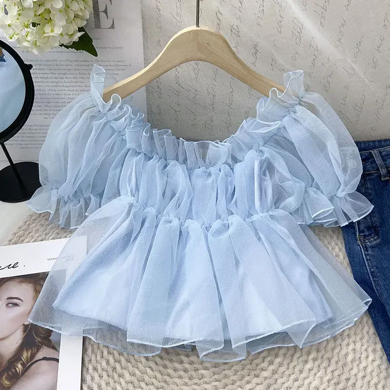 Slash Neck Off Shoulder 2024 Woman Shirts Blouses Short Sleeve Blusas Korean Moda Ropa Mujer Ruffles Camisas Women Clothing