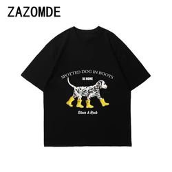 ZAZOMDE 100% Cotton Comb Round Neck Loose T-shirt Man 2024 Summer Dog Print Street Loose Short Sleeve T-shirt Men's 260G Top
