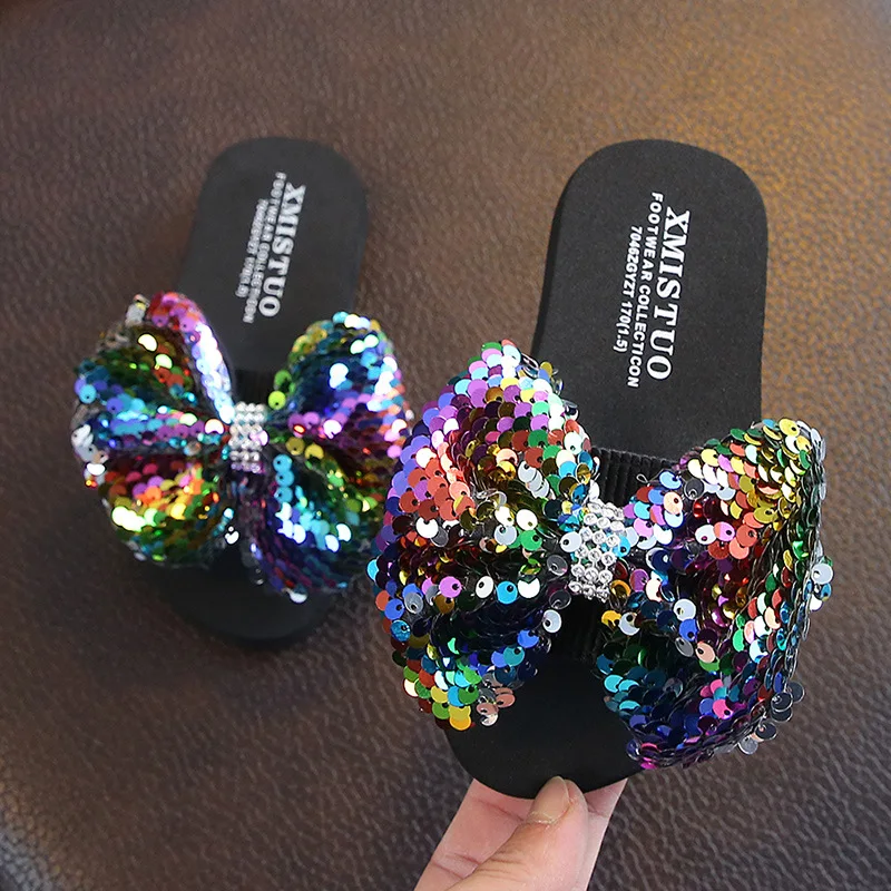 Fashion Sequin Bow Girl Slippers Princess Shoes Children Beach Slipper Girl Sandals Flats Non-slip Soft Kids Slippers