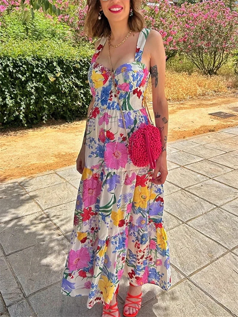 TRAF Floral Slip Long Dress Women Print Sleeveless Summer Dress Woman 2024 Ruched Backless Party Dresses Beach Holiday Dresses