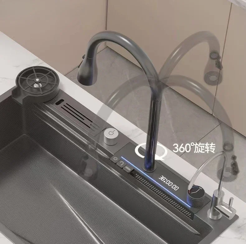 Grifo de cascada de gran oferta, fregadero de cocina negro de panal biónico de ranura única de acero inoxidable 304 con pantalla Digital Led