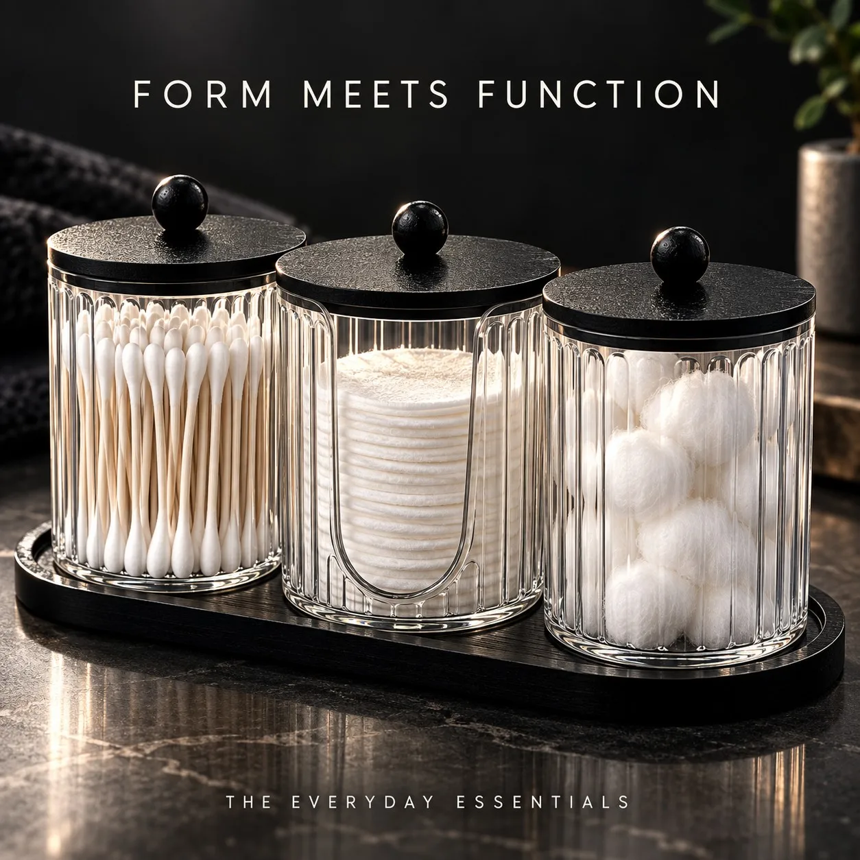 Bathroom Vanity Organizer Set with Clear Cotton Jars Bamboo Tray Cotton Swabs Holder Cotton Ball and Cotton Pad Dispenser