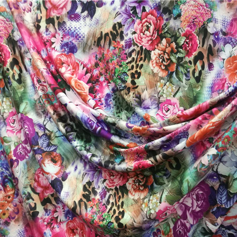 Good 4 Sides Stretch Milk Silk Knitted Fabric Color Purple Rose Pink Flower Printed Fabric Diy Sewing Big Swing Dress/Cheongsam