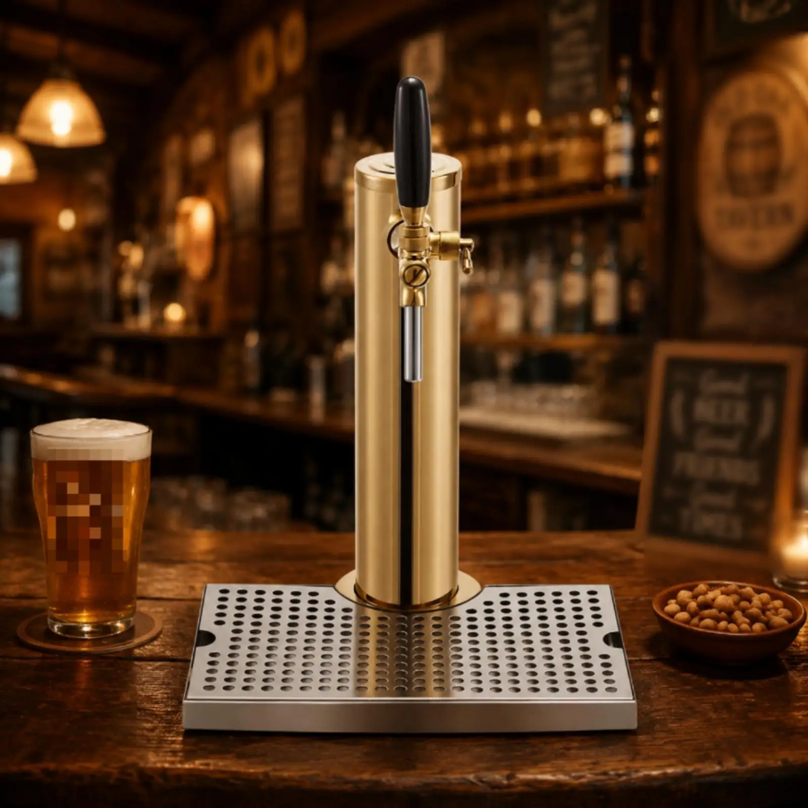 Beer Dispensing Tower Polished Gold Tap Beer Column with Drip Tray for Home Kitchen or Pub Use