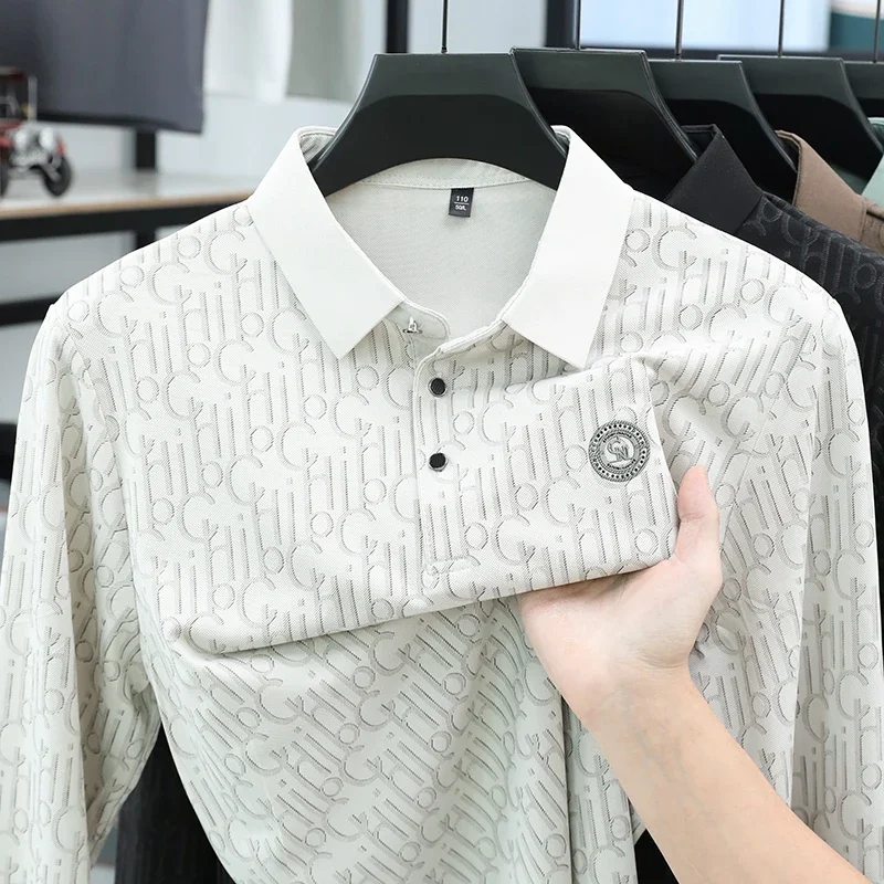 Men Lapel Collar Long Sleeve Polo Shirt Allover Letter Pattern Button Placket Chest Soft Stretch Slim Fit Business Casual Tops
