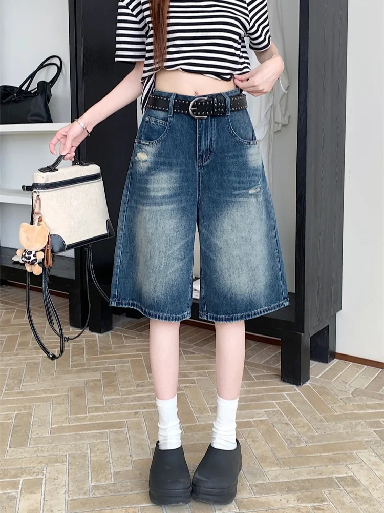 

American Style High Waist Wide Leg Jeans Women's Summer New High Waist Straight Leg Jeans Washed Blue Denim Shorts Casual Loo...