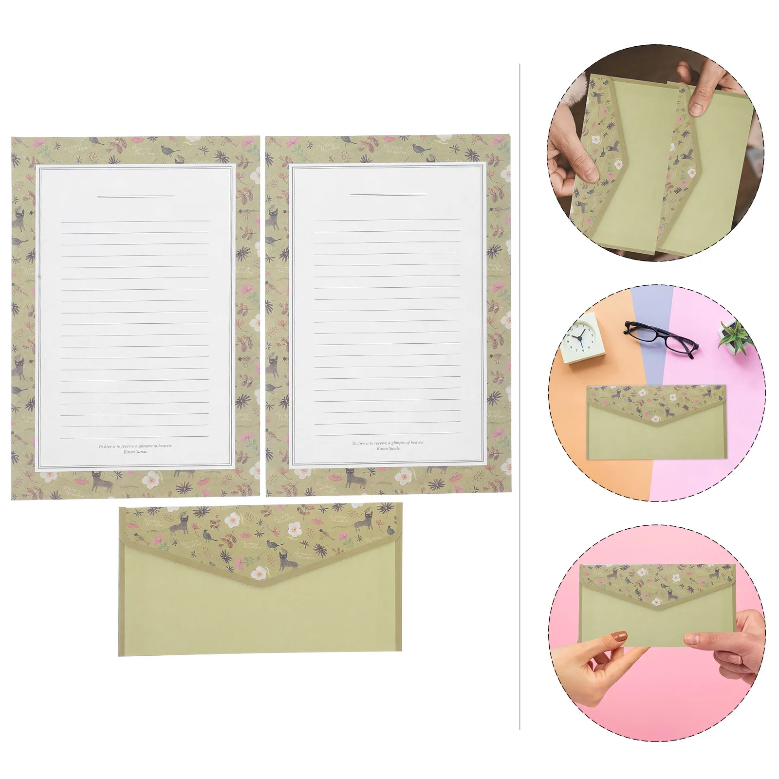 

1Set Elegant Chinese Vintage Floral Lined Letter Paper and Envelopes Set Olive for Wedding Invitations Thanksgiving