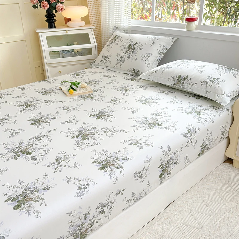 100% Cotton Fitted Sheet Floral Style Bedsheet Elastic Bed Linen Skin-friendly Bed Cover Drap De Lit Home Sheets (No Pillowcase)